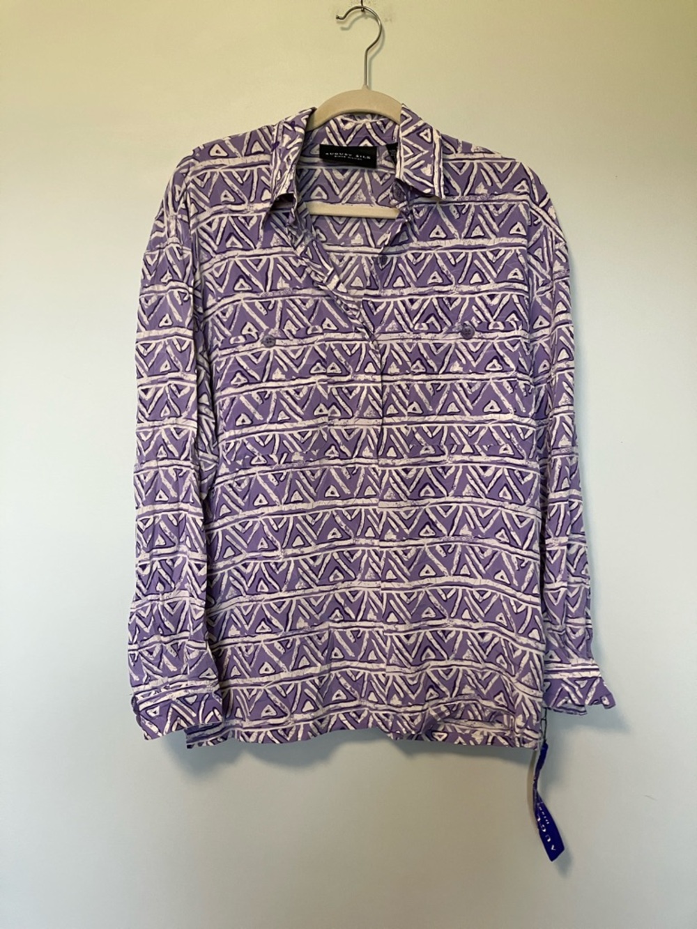 NWT August Silk Lavender and White Geometric Silk Blouse